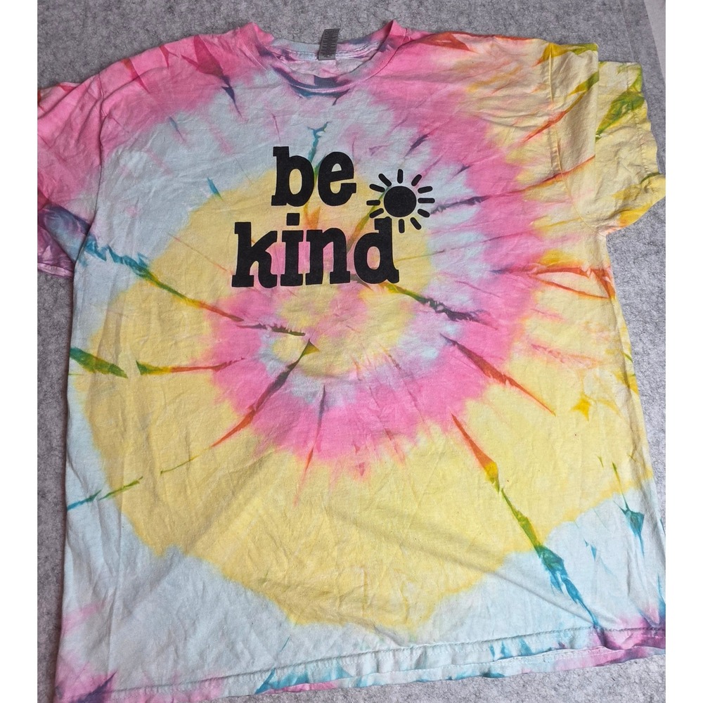 Gildan Be Kind Tie Dye T-Shirt XL Pink Yellow Blue Sun Graphic Heavy Cotton Tee
